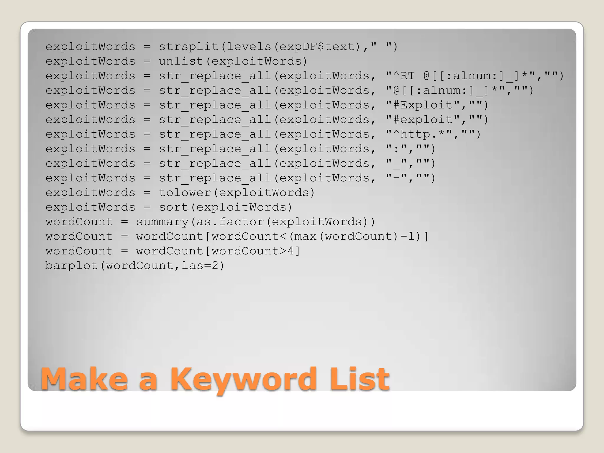 exploitWords = strsplit(levels(expDF$text)," ")
exploitWords = unlist(exploitWords)
exploitWords = str_replace_all(exploitWords, "^RT @[[:alnum:]_]*","")
exploitWords = str_replace_all(exploitWords, "@[[:alnum:]_]*","")
exploitWords = str_replace_all(exploitWords, "#Exploit","")
exploitWords = str_replace_all(exploitWords, "#exploit","")
exploitWords = str_replace_all(exploitWords, "^http.*","")
exploitWords = str_replace_all(exploitWords, ":","")
exploitWords = str_replace_all(exploitWords, "_","")
exploitWords = str_replace_all(exploitWords, "-","")
exploitWords = tolower(exploitWords)
exploitWords = sort(exploitWords)
wordCount = summary(as.factor(exploitWords))
wordCount = wordCount[wordCount<(max(wordCount)-1)]
wordCount = wordCount[wordCount>4]
barplot(wordCount,las=2)




Make a Keyword List
 