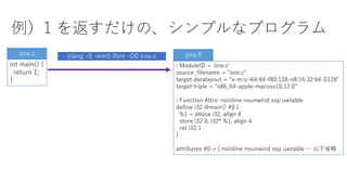 例）1 を返すだけの、シンプルなプログラム
int main() {
return 1;
}
one.c clang -S -emit-llvm -O0 one.c one.ll
; ModuleID = 'one.c'
source_filename = "one.c"
target datalayout = "e-m:o-i64:64-f80:128-n8:16:32:64-S128"
target triple = "x86_64-apple-macosx10.12.0"
; Function Attrs: noinline nounwind ssp uwtable
define i32 @main() #0 {
%1 = alloca i32, align 4
store i32 0, i32* %1, align 4
ret i32 1
}
attributes #0 = { noinline nounwind ssp uwtable … 以下省略
 