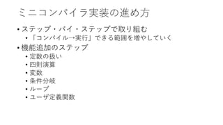 ミニコンパイラ実装の進め方
• ステップ・バイ・ステップで取り組む
• 「コンパイル→実行」できる範囲を増やしていく
• 機能追加のステップ
• 定数の扱い
• 四則演算
• 変数
• 条件分岐
• ループ
• ユーザ定義関数
 