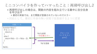 ミニコンパイラを作ってハマったこと：再帰呼び出し2
• 再帰呼び出しの場合は、関数の内容を組み立ている最中に自分自身
を呼び出す
• 最初の実装では、まだ関数が登録されていないのでエラー
• 対処として、最初に中身の無い状態で仮登録するように変更
function fib(x) {
if (x <= 1) {
return x;
}
else {
return fib(x - 1) + fib(x - 2);
}
}
fib(5);
対象ソース
'fib'を登録
'fib'を参照
→未定義エラー
グローバル
コンテキスト
gctx[]
 
