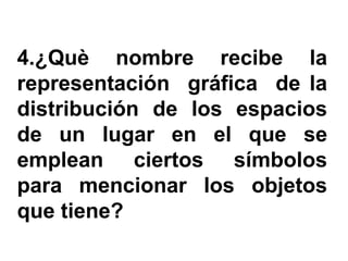 4.¿Què nombre recibe la
representación gráfica de la
distribución de los espacios
de un lugar en el que se
emplean ciertos símbolos
para mencionar los objetos
que tiene?
 