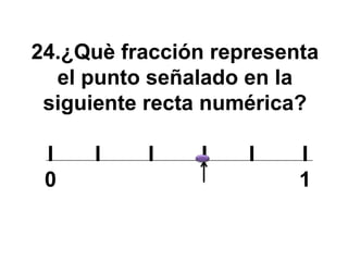 24.¿Què fracción representa
  el punto señalado en la
 siguiente recta numérica?

 I   I    I    I    I    I
 0                       1
 