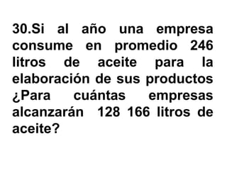 30.Si al año una empresa
consume en promedio 246
litros de aceite para la
elaboración de sus productos
¿Para    cuántas   empresas
alcanzarán 128 166 litros de
aceite?
 