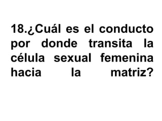 18.¿Cuál es el conducto
por donde transita la
célula sexual femenina
hacia     la     matriz?
 