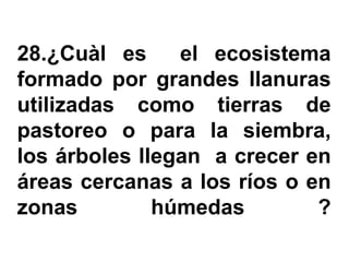 28.¿Cuàl es     el ecosistema
formado por grandes llanuras
utilizadas como tierras de
pastoreo o para la siembra,
los árboles llegan a crecer en
áreas cercanas a los ríos o en
zonas         húmedas        ?
 