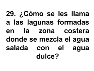 29. ¿Cómo se les llama
a las lagunas formadas
en la zona costera
donde se mezcla el agua
salada con el agua
         dulce?
 