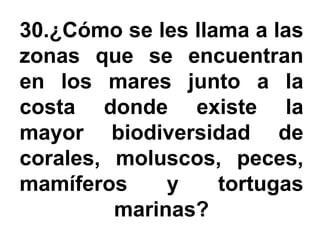 30.¿Cómo se les llama a las
zonas que se encuentran
en los mares junto a la
costa donde existe la
mayor biodiversidad de
corales, moluscos, peces,
mamíferos     y    tortugas
         marinas?
 