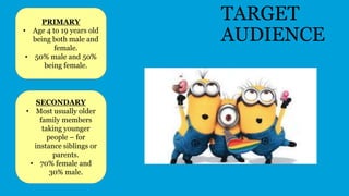 TARGET
AUDIENCE
PRIMARY
• Age 4 to 19 years old
being both male and
female.
• 50% male and 50%
being female.
SECONDARY
• Most usually older
family members
taking younger
people – for
instance siblings or
parents.
• 70% female and
30% male.
 