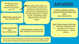 The film has had 17
nominations !!
However it has had 0
wins !!
AWARDSAlthough the film didn’t win
for any of the nomination it
will create a large amount of
below the line marketing from
the film being shown on these
awards, and getting people
talking about it on social
media.
BAFTA film awards 2016
Best animated film
Academy of Science Fiction,
Fantasy and Horror Films, USA
2016
Best animated film
Empire Awards UK
2016
Best animated film
Golden Schmoes Awards 2015
Best animated movie of the year
Kids’ Choice Awards, USA 2016
1. Favourite animated movie
2. Favourite Voice from an
animated Movie – Sandra
Bullock
Just some of the nominations are listed around the page, mainly
of the most well known awards which they were nominated for.
 
