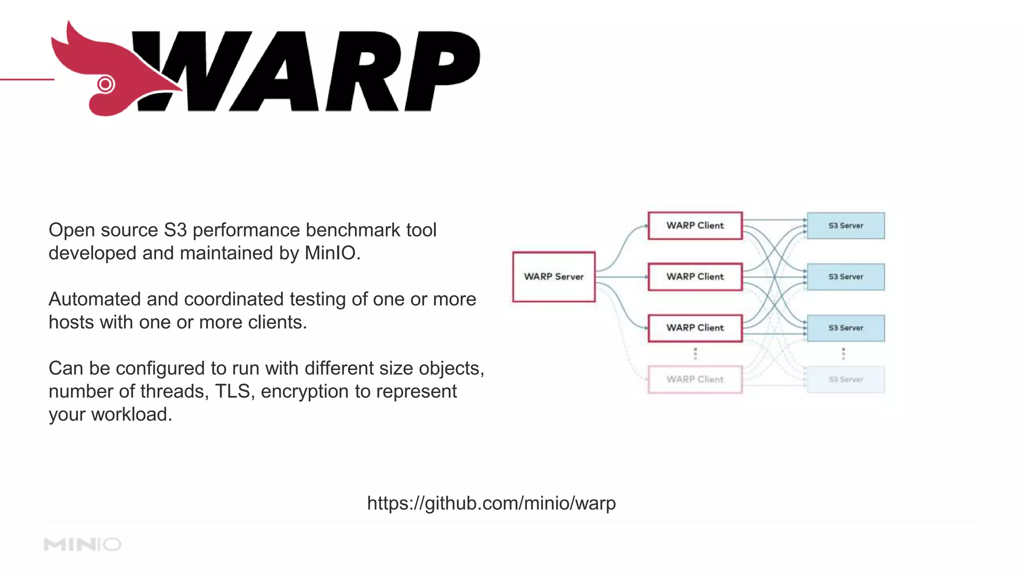 https://github.com/minio/warp
Open source S3 performance benchmark tool
developed and maintained by MinIO.
Automated and coordinated testing of one or more
hosts with one or more clients.
Can be configured to run with different size objects,
number of threads, TLS, encryption to represent
your workload.
 