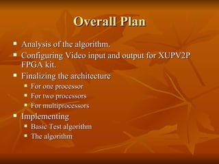 Overall Plan Analysis of the algorithm. Configuring Video input and output for XUPV2P FPGA kit. Finalizing the architecture For one processor For two processors For multiprocessors Implementing  Basic Test algorithm The algorithm 