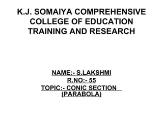 K.J. SOMAIYA COMPREHENSIVE COLLEGE OF EDUCATION TRAINING AND RESEARCH NAME:- S.LAKSHMI R.NO:- 55 TOPIC:- CONIC SECTION  (PARABOLA) 