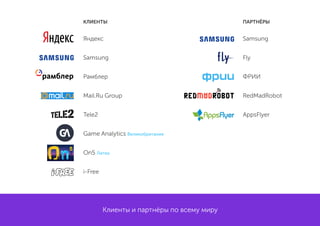 Samsung
Fly
ФРИИ
RedMadRobot
AppsFlyer
ПАРТНЁРЫ
Яндекс
Samsung
Рамблер
Mail.Ru Group
Tele2
Game Analytics Великобритания
On5 Литва
i-Free
КЛИЕНТЫ
Клиенты и партнёры по всему миру
 