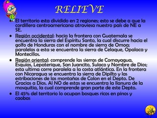 RELIEVE El territorio esta dividido en 2 regiones; esto se debe a que la cordillera centroamericana atraviesa nuestro país de NE a SE. Región occidental : hacia la frontera con Guatemala se encuentra la sierra del Espíritu Santo, la cual discurre hacia el golfo de Honduras con el nombre de sierra de Omoa; paralelas a esta se encuentra la sierra de Celaque, Opalaca y Montecillos. Región oriental : comprende las sierras de Comayagua, Esquias, Lepaterique, San Juancito, Sulaco y Nombre de Dios; esta ultima corre paralela a la costa atlántica. En la frontera con Nicaragua se encuentra la sierra de Dipilto y las estribaciones de las montañas de Colon en el Depto. De Gracias a Dios. Al NO de estas se encuentra la llanura de la mosquitia, la cual comprende gran parte de este Depto. El 45% del territorio lo ocupan bosques ricos en pinos y caobas 