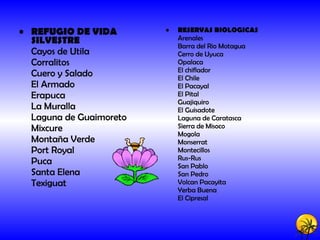 REFUGIO DE VIDA SILVESTRE Cayos de Utila Corralitos Cuero y Salado El Armado Erapuca La Muralla Laguna de Guaimoreto Mixcure Montaña Verde Port Royal Puca Santa Elena Texiguat  RESERVAS BIOLOGICAS Arenales Barra del Rio Motagua Cerro de Uyuca Opalaca El chiflador El Chile El Pacayal El Pital Guajiquiro El Guisadote Laguna de Caratasca Sierra de Misoco Mogola Monserrat Montecillos Rus-Rus San Pablo San Pedro Volcan Pacayita Yerba Buena El Cipresal  