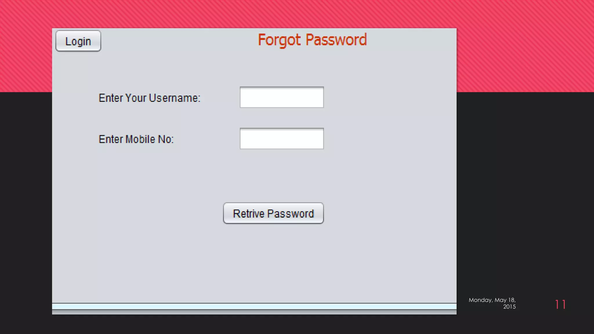 Monday, May 18,
2015 11
 