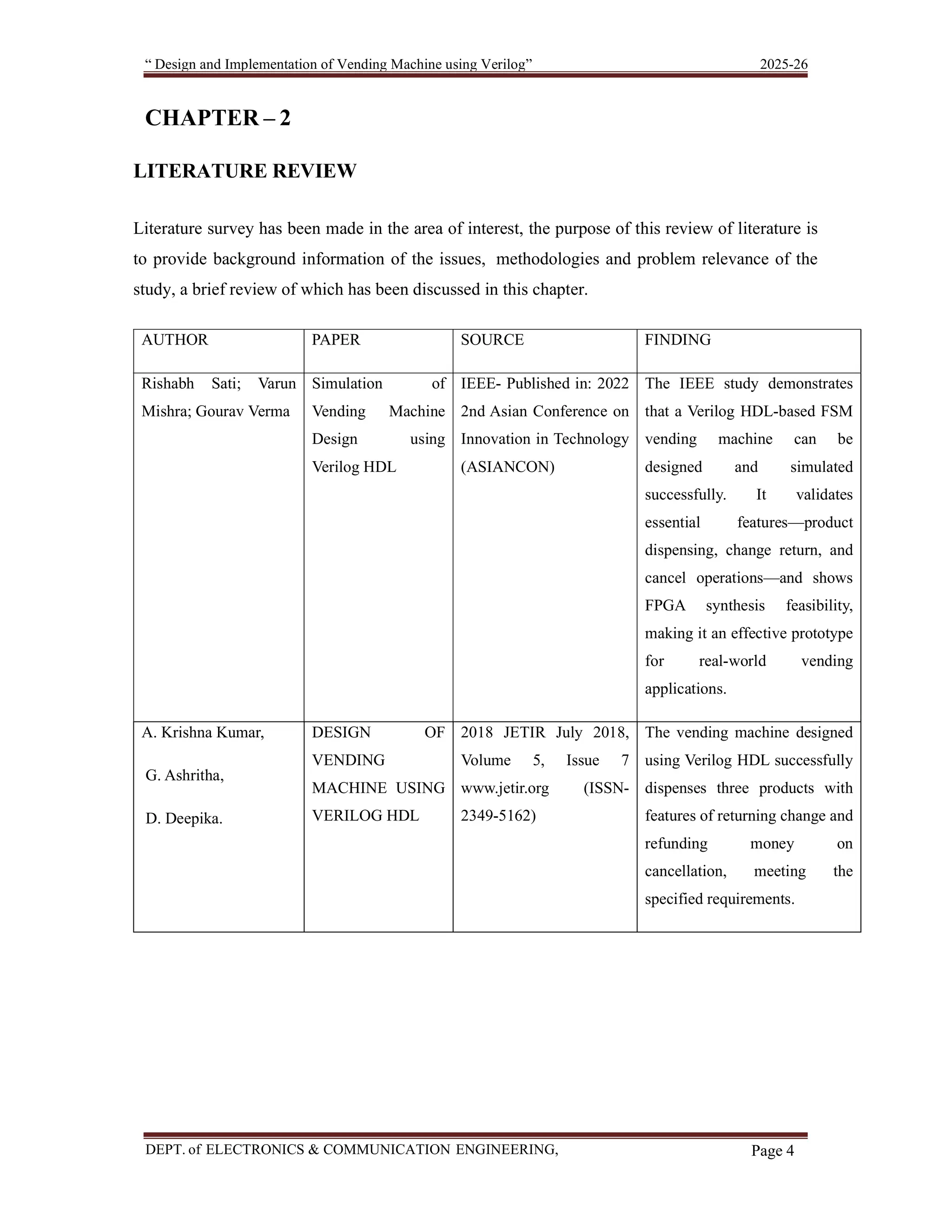 “ Design and Implementation of Vending Machine using Verilog” 2025-26 DEPT. of ELECTRONICS & COMMUNICATION ENGINEERING, SKSVMACET, Lakshmeshwar. Page 4 CHAPTER – 2 LITERATURE REVIEW Literature survey has been made in the area of interest, the purpose of this review of literature is to provide background information of the issues, methodologies and problem relevance of the study, a brief review of which has been discussed in this chapter. AUTHOR PAPER SOURCE FINDING Rishabh Sati; Varun Mishra; Gourav Verma Simulation of Vending Machine Design using Verilog HDL IEEE- Published in: 2022 2nd Asian Conference on Innovation in Technology (ASIANCON) The IEEE study demonstrates that a Verilog HDL-based FSM vending machine can be designed and simulated successfully. It validates essential features—product dispensing, change return, and cancel operations—and shows FPGA synthesis feasibility, making it an effective prototype for real-world vending applications. A. Krishna Kumar, G. Ashritha, D. Deepika. DESIGN OF VENDING MACHINE USING VERILOG HDL 2018 JETIR July 2018, Volume 5, Issue 7 www.jetir.org (ISSN- 2349-5162) The vending machine designed using Verilog HDL successfully dispenses three products with features of returning change and refunding money on cancellation, meeting the specified requirements. 