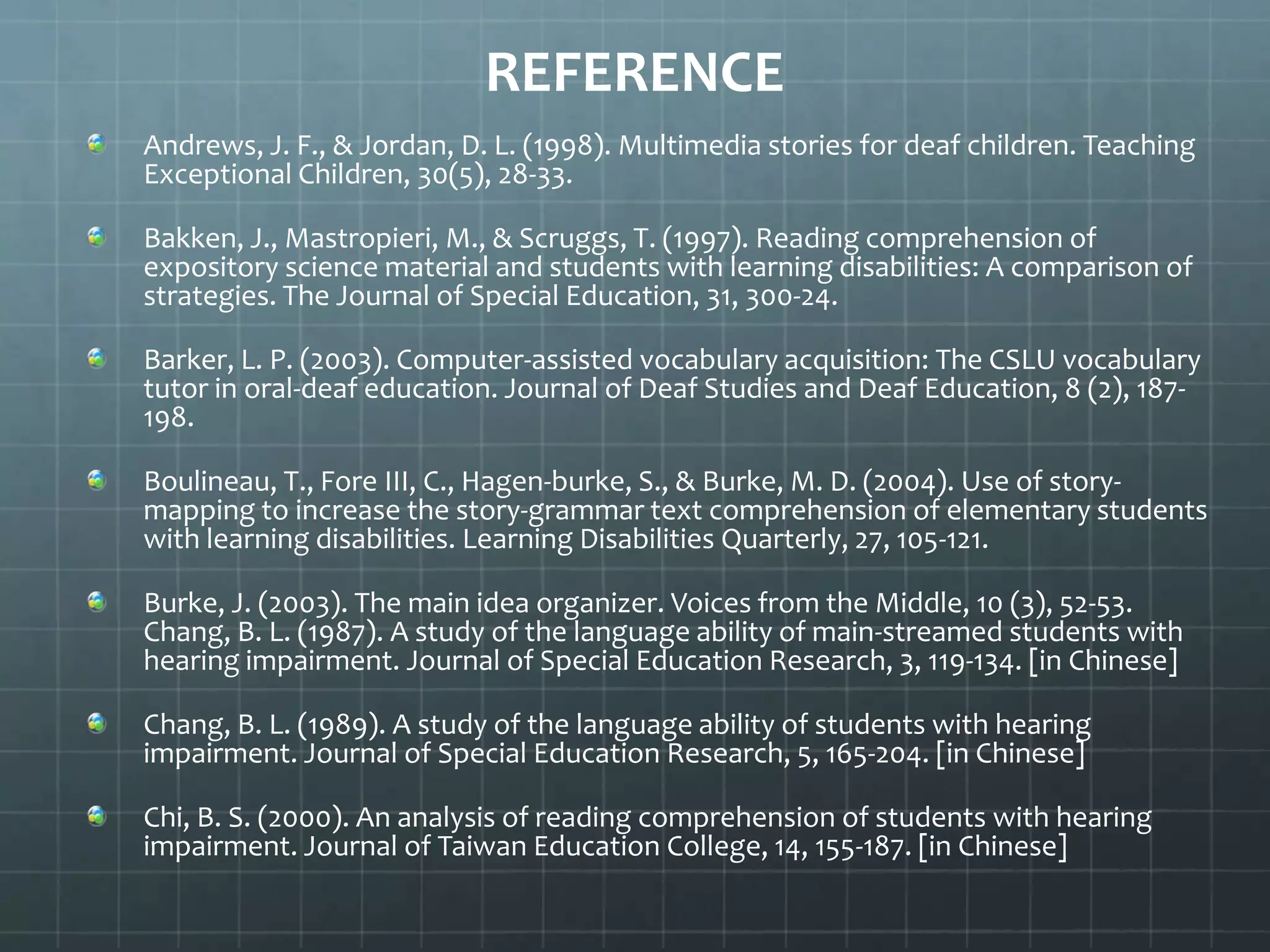 REFERENCE
Andrews, J. F., & Jordan, D. L. (1998). Multimedia stories for deaf children. Teaching
Exceptional Children, 30(5), 28-33.
Bakken, J., Mastropieri, M., & Scruggs, T. (1997). Reading comprehension of
expository science material and students with learning disabilities: A comparison of
strategies. The Journal of Special Education, 31, 300-24.
Barker, L. P. (2003). Computer-assisted vocabulary acquisition: The CSLU vocabulary
tutor in oral-deaf education. Journal of Deaf Studies and Deaf Education, 8 (2), 187198.
Boulineau, T., Fore III, C., Hagen-burke, S., & Burke, M. D. (2004). Use of storymapping to increase the story-grammar text comprehension of elementary students
with learning disabilities. Learning Disabilities Quarterly, 27, 105-121.
Burke, J. (2003). The main idea organizer. Voices from the Middle, 10 (3), 52-53.
Chang, B. L. (1987). A study of the language ability of main-streamed students with
hearing impairment. Journal of Special Education Research, 3, 119-134. [in Chinese]
Chang, B. L. (1989). A study of the language ability of students with hearing
impairment. Journal of Special Education Research, 5, 165-204. [in Chinese]
Chi, B. S. (2000). An analysis of reading comprehension of students with hearing
impairment. Journal of Taiwan Education College, 14, 155-187. [in Chinese]

 