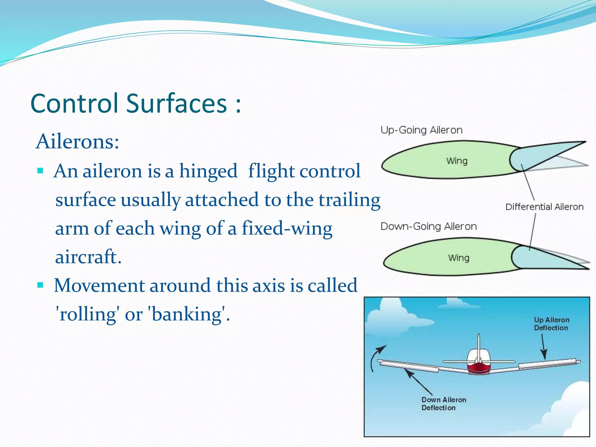 Control Surfaces :
Ailerons:
 An aileron is a hinged flight control
surface usually attached to the trailing
arm of each wing of a fixed-wing
aircraft.
 Movement around this axis is called
'rolling' or 'banking'.
 
