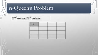 n-Queen’s Problem
Q
2 𝑛𝑑 row and 3 𝑟𝑑 column.
 