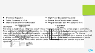 Description
This series of fixed-voltage integrated-circuit voltage regulators is designed for a wide range of applications.
These applications include on-card regulation for elimination of noise and distribution problems associated with
single-point regulation. Each of these regulators can deliver up to 1.5 A of output current. The internal
current-limiting and thermal-shutdown features of these regulators essentially make them immune to overload.
In addition to use as fixed-voltage regulators, these devices can be used with external components to obtain
adjustable output voltages and currents, and also can be used as the power-pass element in precision
regulators.
7/25/2016smart lock
 