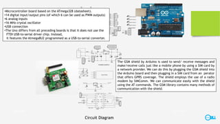 •Microcontroller board based on the ATmega328 (datasheet).
•14 digital input/output pins (of which 6 can be used as PWM outputs)
•6 analog inputs
•16 MHz crystal oscillator
•USB connection
•The Uno differs from all preceding boards is that it does not use the
FTDI USB-to-serial driver chip. Instead,
it features the Atmega8U2 programmed as a USB-to-serial converter.
The GSM shield by Arduino is used to send/ receive messages and
make/receive calls just like a mobile phone by using a SIM card by
a network provider. We can do this by plugging the GSM shield into
the Arduino board and then plugging in a SIM card from an perator
that offers GPRS coverage. The shield employs the use of a radio
modem by SIMComm. We can communicate easily with the shield
using the AT commands. The GSM library contains many methods of
communication with the shield.
Circuit Diagram
7/25/2016smart lock
 