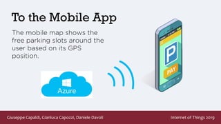 Giuseppe Capaldi, Gianluca Capozzi, Daniele Davoli Internet of Things 2019
To the Mobile App
The mobile map shows the
free parking slots around the
user based on its GPS
position.
 