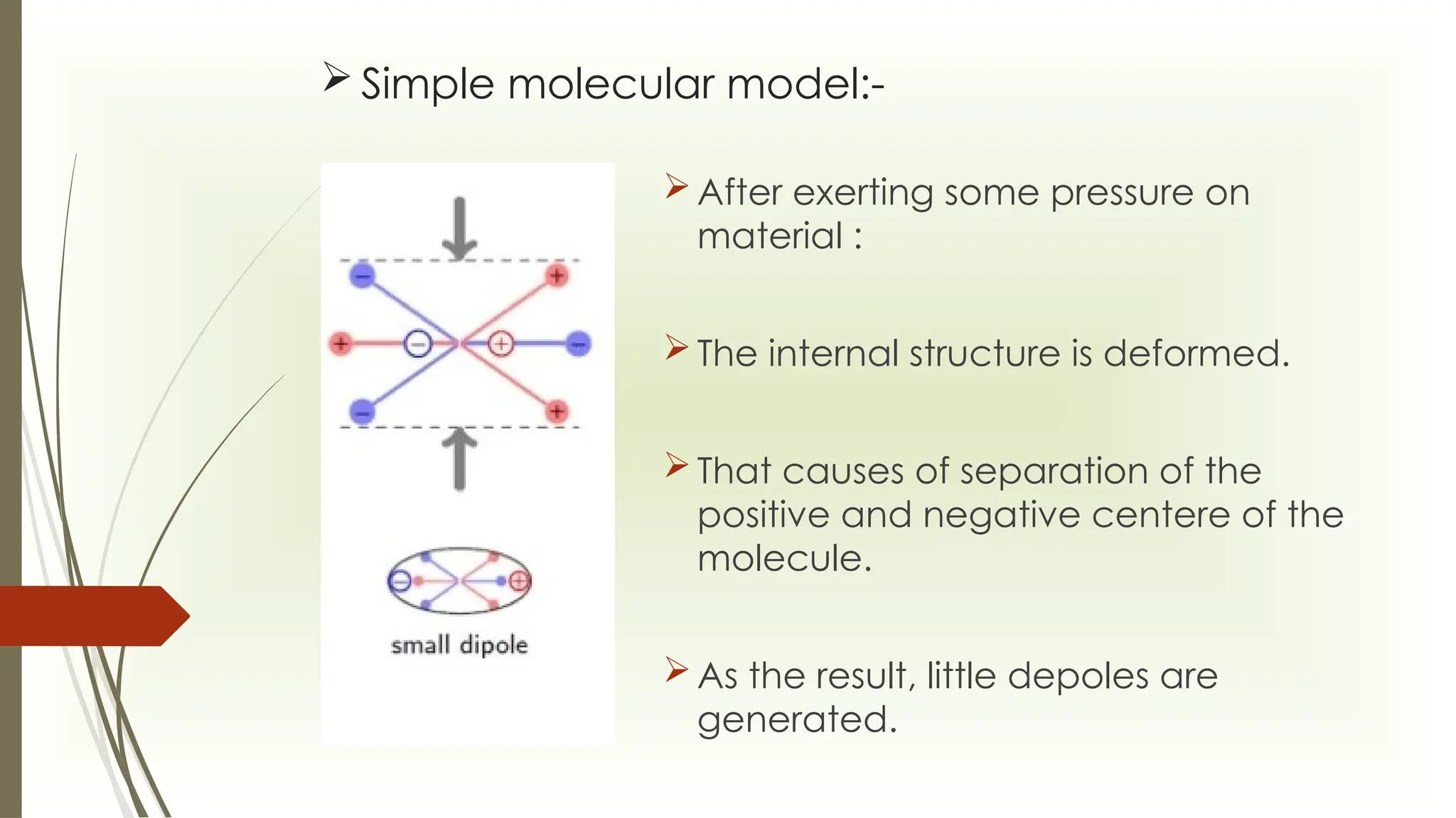  Simple molecular model:-
After exerting some pressure on
material :
The internal structure is deformed.
That causes of separation of the
positive and negative centere of the
molecule.
As the result, little depoles are
generated.
 