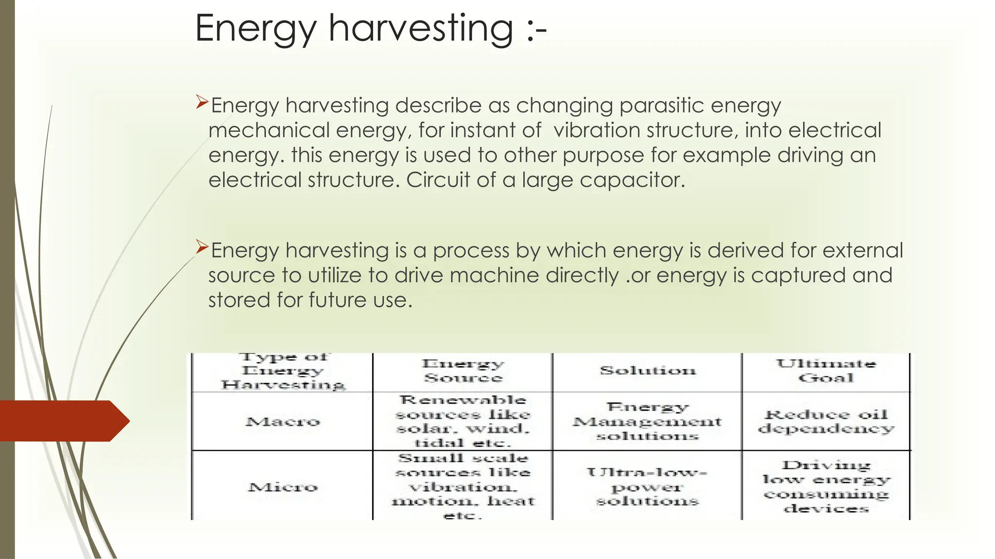 Energy harvesting :-
Energy harvesting describe as changing parasitic energy
mechanical energy, for instant of vibration structure, into electrical
energy. this energy is used to other purpose for example driving an
electrical structure. Circuit of a large capacitor.
Energy harvesting is a process by which energy is derived for external
source to utilize to drive machine directly .or energy is captured and
stored for future use.
 