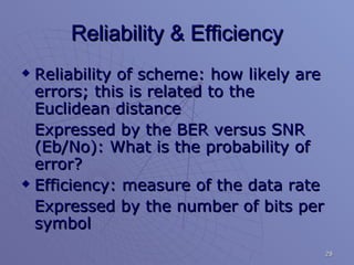 Reliability & Efficiency Reliability of scheme: how likely are errors; this is related to the Euclidean distance Expressed by the BER versus SNR (Eb/No): What is the probability of error? Efficiency: measure of the data rate Expressed by the number of bits per symbol 