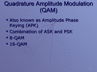 Quadrature Amplitude Modulation (QAM) Also known as Amplitude Phase Keying (APK) Combination of ASK and PSK 8-QAM 16-QAM 