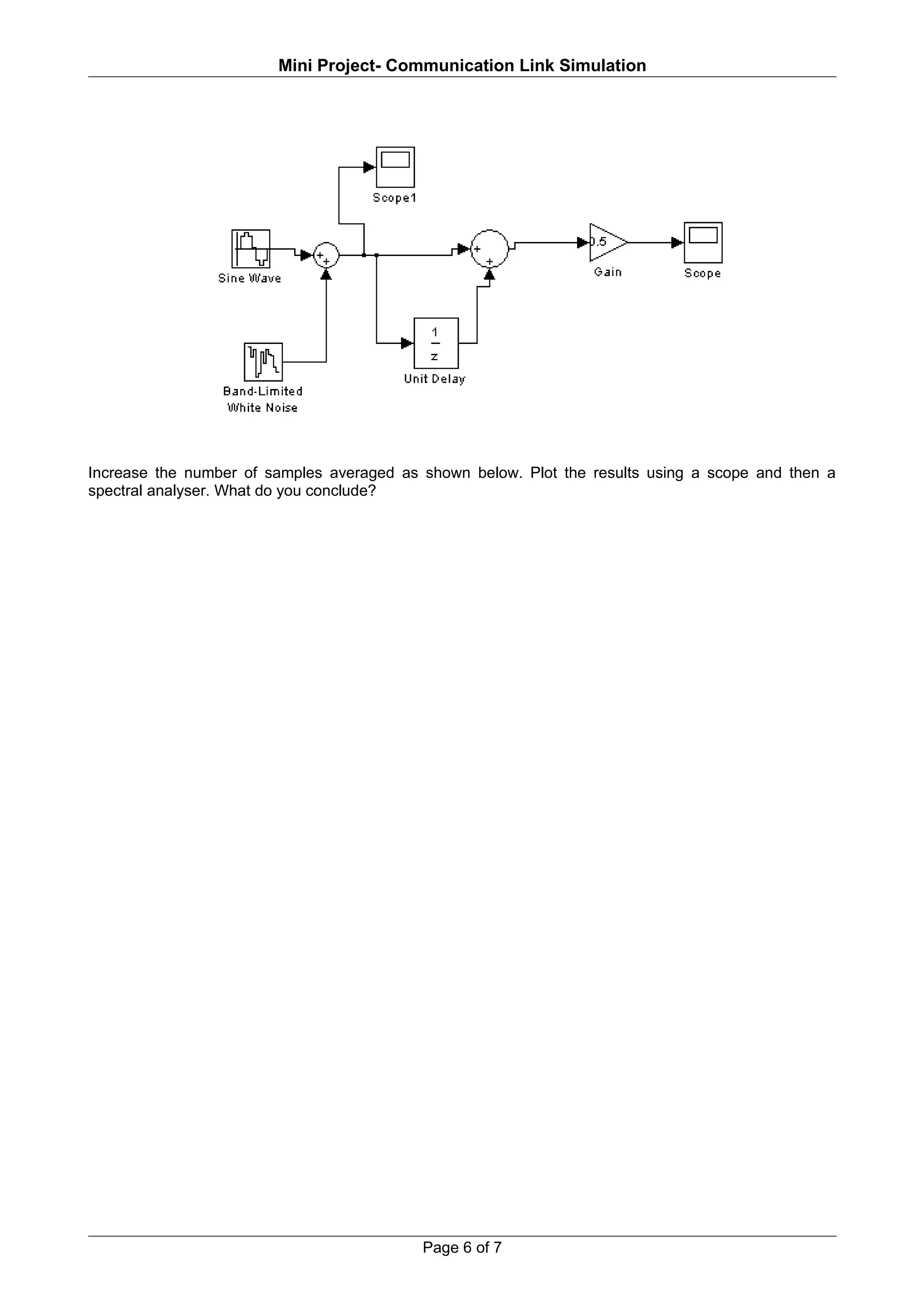 Mini Project- Communication Link Simulation




Increase the number of samples averaged as shown below. Plot the results using a scope and then a
spectral analyser. What do you conclude?




                                           Page 6 of 7
 