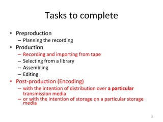 Tasks to complete Preproduction Planning the recording Production Recording and importing from tape Selecting from a library Assembling Editing Post-production (Encoding) with the intention of distribution over  a particular  transmission media or with the intention of storage on a particular storage media 