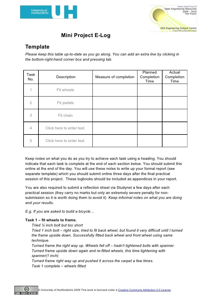 mini project e log template project log template