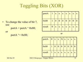 Toggling Bits (XOR) To change the value of bit 7, use portA = portA ^ 0x80; or portA ^= 0x80; BH Mar 09 DSCE Miniproject - Stepper Motors or portA 1 x x x x x x x 0x80 1 0 0 0 0 0 0 0 result 0 x x x x x x x portA 0 x x X x x x x 0x80 1 0 0 0 0 0 0 0 result 1 x x x x x x x 