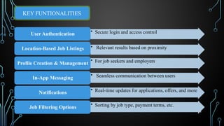 8
• Secure login and access control
User Authentication
• Relevant results based on proximity
Location-Based Job Listings
• For job seekers and employers
Profile Creation & Management
• Seamless communication between users
In-App Messaging
• Real-time updates for applications, offers, and more
Notifications
• Sorting by job type, payment terms, etc.
Job Filtering Options
KEY FUNTIONALITIES
 