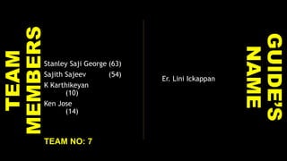 TEAM
MEMBERS
Stanley Saji George (63)
Sajith Sajeev (54)
K Karthikeyan
(10)
Ken Jose
(14)
GUIDE’S
NAME
Er. Lini Ickappan
TEAM NO: 7
 