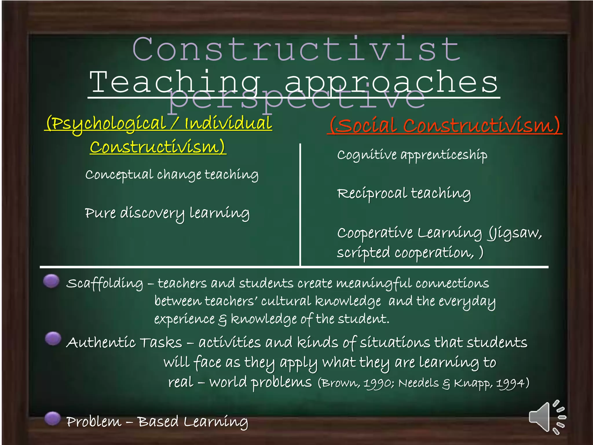 Constructivist
perspective(Psychological / Individual
Constructivism)
(Social Constructivism)
Teaching approaches
Conceptual change teaching
Pure discovery learning
Cognitive apprenticeship
Reciprocal teaching
Cooperative Learning (Jigsaw,
scripted cooperation, )
Scaffolding – teachers and students create meaningful connections
between teachers’ cultural knowledge and the everyday
experience & knowledge of the student.
Authentic Tasks – activities and kinds of situations that students
will face as they apply what they are learning to
real – world problems (Brown, 1990; Needels & Knapp, 1994)
Problem – Based Learning
 