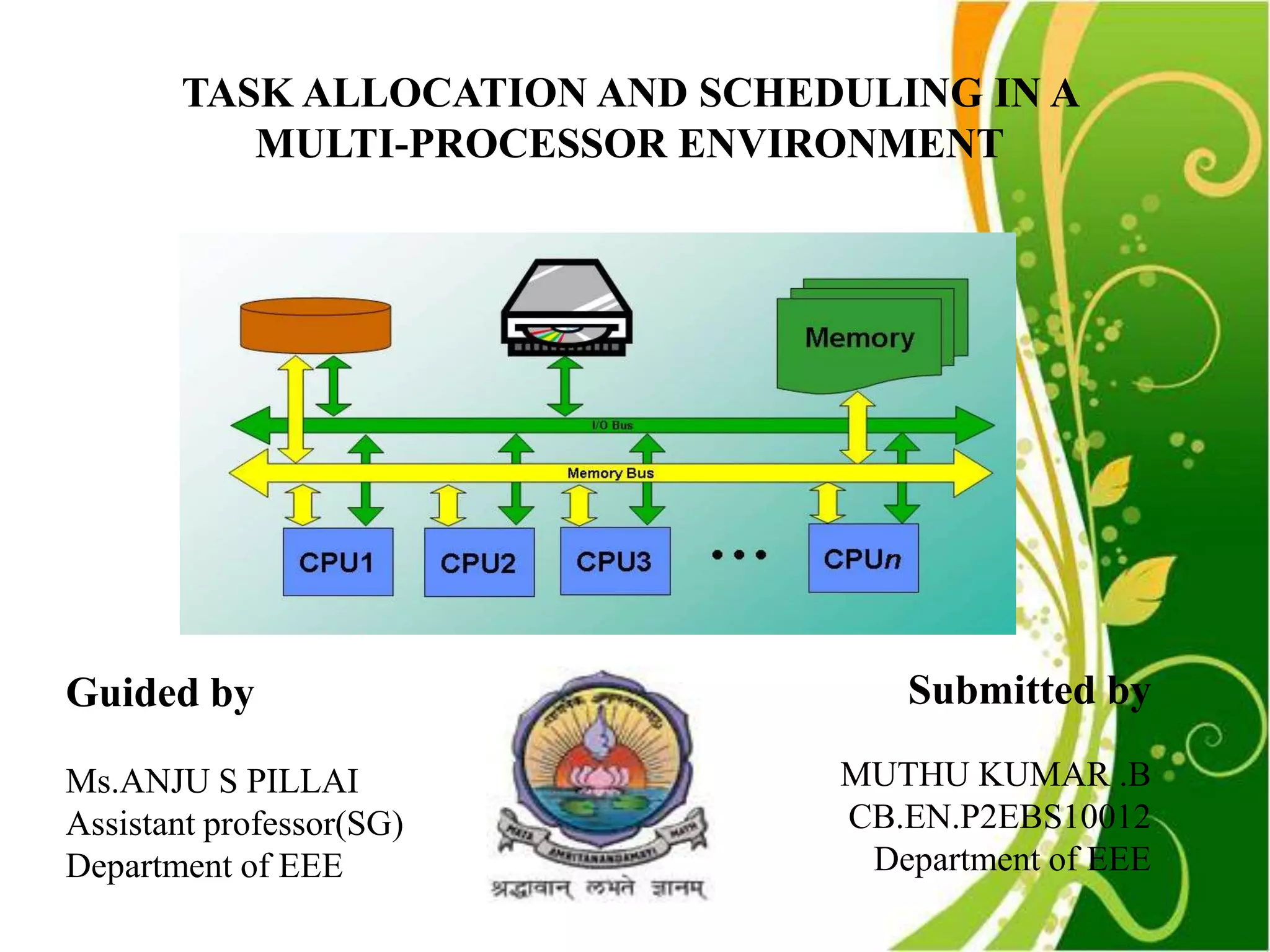 TASK ALLOCATION AND SCHEDULING IN A
          MULTI-PROCESSOR ENVIRONMENT




Guided by                          Submitted by

Ms.ANJU S PILLAI                MUTHU KUMAR .B
Assistant professor(SG)         CB.EN.P2EBS10012
Department of EEE                Department of EEE
 