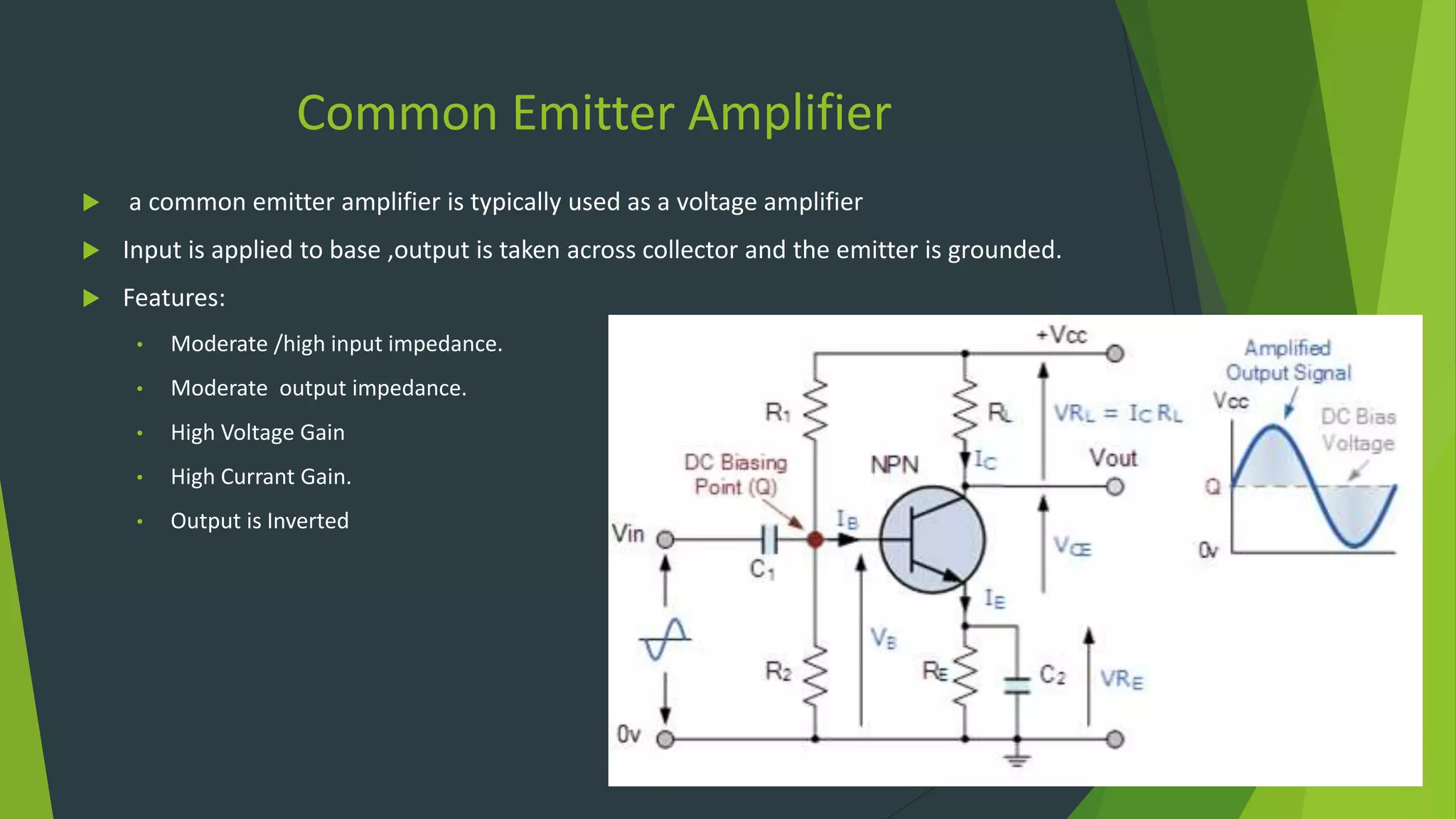 Common Emitter Amplifier
 a common emitter amplifier is typically used as a voltage amplifier
 Input is applied to base ,output is taken across collector and the emitter is grounded.
 Features:
• Moderate /high input impedance.
• Moderate output impedance.
• High Voltage Gain
• High Currant Gain.
• Output is Inverted
 