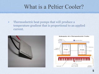 What is a Peltier Cooler?
Thermoelectric heat pumps that will produce a
temperature gradient that is proportional to an applied
current.
5
 