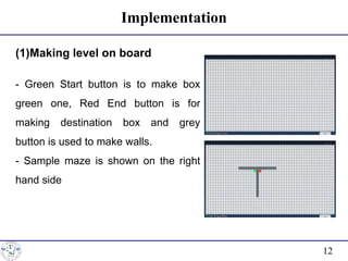 12
Implementation
(1)Making level on board
- Green Start button is to make box
green one, Red End button is for
making destination box and grey
button is used to make walls.
- Sample maze is shown on the right
hand side
 