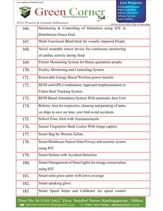 166. Monitoring & Controlling of Substation using IOT in
Distribution Power Grid
167. Multi-Functional Blind Stick for visually impaired People
168. Novel wearable sensor device for continuous monitoring
of cardiac activity during sleep
169. Patient Monitoring System for Home quarantine people
170. Poultry Monitoring and Controlling System
171. Renewable Energy Based Wireless power transfer
172. RFID and GPS Combination Approach Implementation in
Fisher Boat Tracking System
173. RFID Based Attendance System With automatic door Unit
174. Robotic Arm for inspection, cleaning and painting of tanks
on ships to save on time, cost And avoid accidents
175. School Zone Alert with Announcements
176. Secure Fingerprint Bank Locker With image capture
177. Smart Bag for Women Safety
178. Smart Healthcare Patient Data Privacy and security system
using IOT
179. Smart Helmet with Accident Detection
180. Smart Management of Street lights for energy conservation
using IOT
181. Smart solar grass cutter with lawn coverage
182. Smart speaking glove
183. Smart Speed Setter and Calibrator for speed control
 
