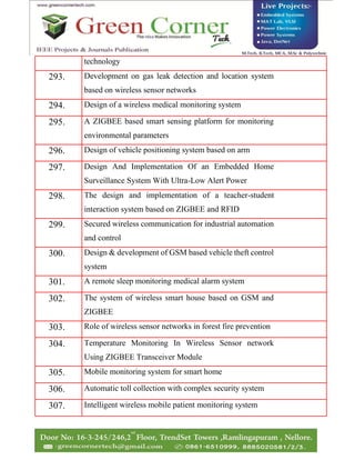technology
293. Development on gas leak detection and location system
based on wireless sensor networks
294. Design of a wireless medical monitoring system
295. A ZIGBEE based smart sensing platform for monitoring
environmental parameters
296. Design of vehicle positioning system based on arm
297. Design And Implementation Of an Embedded Home
Surveillance System With Ultra-Low Alert Power
298. The design and implementation of a teacher-student
interaction system based on ZIGBEE and RFID
299. Secured wireless communication for industrial automation
and control
300. Design & development of GSM based vehicle theft control
system
301. A remote sleep monitoring medical alarm system
302. The system of wireless smart house based on GSM and
ZIGBEE
303. Role of wireless sensor networks in forest fire prevention
304. Temperature Monitoring In Wireless Sensor network
Using ZIGBEE Transceiver Module
305. Mobile monitoring system for smart home
306. Automatic toll collection with complex security system
307. Intelligent wireless mobile patient monitoring system
 