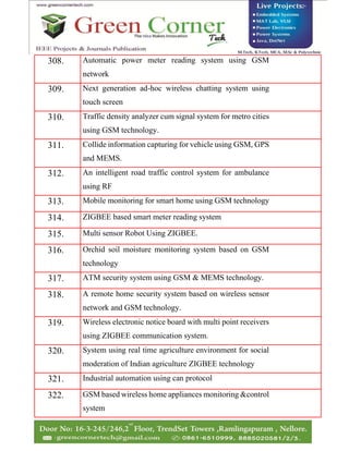 308. Automatic power meter reading system using GSM
network
309. Next generation ad-hoc wireless chatting system using
touch screen
310. Traffic density analyzer cum signal system for metro cities
using GSM technology.
311. Collide information capturing for vehicle using GSM, GPS
and MEMS.
312. An intelligent road traffic control system for ambulance
using RF
313. Mobile monitoring for smart home using GSM technology
314. ZIGBEE based smart meter reading system
315. Multi sensor Robot Using ZIGBEE.
316. Orchid soil moisture monitoring system based on GSM
technology
317. ATM security system using GSM & MEMS technology.
318. A remote home security system based on wireless sensor
network and GSM technology.
319. Wireless electronic notice board with multi point receivers
using ZIGBEE communication system.
320. System using real time agriculture environment for social
moderation of Indian agriculture ZIGBEE technology
321. Industrial automation using can protocol
322. GSM based wireless home appliances monitoring &control
system
 