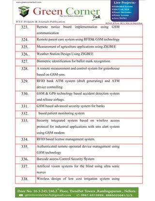 323. Remote notice board implementation using GSM
communication
324. Remote parent care system using RFID& GSM technology
325. Measurement of agriculture applications using ZIGBEE
326. Weather Station Design Using ZIGBEE
327. Biometric identification for ballot mark recognition.
328. A remote measurement and control system for greenhouse
based on GSM-sms.
329. RFID bank ATM system (draft generating) and ATM
device controlling
330. GSM & GPS technology based accident detection system
and release airbags.
331. GSM based advanced security system for banks
332. based patient monitoring system
333. Security integrated system based on wireless access
protocol for industrial applications with sms alert system
using GSM modem
334. RFID based license management system.
335. Authenticated remote operated device management using
GSM technology
336. Barcode access Control Security System
337. Artificial vision systems for the blind using ultra sonic
waves
338. Wireless design of low cost irrigation system using
 