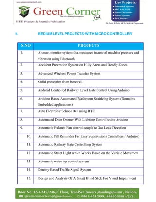 II. MEDIUMLEVELPROJECTS-WITHMICROCONTROLLER
S.NO PROJECTS
1. A smart monitor system that measures industrial machine pressure and
vibration using Bluetooth
2. Accident Prevention System on Hilly Areas and Deadly Zones
3. Advanced Wireless Power Transfer System
4. Child protection from borewell
5. Android Controlled Railway Level Gate Control Using Arduino
6. Arduino Based Automated Washroom Sanitizing System (Domains /
Embedded applications)
7. Auto Electronic School Bell using RTC
8. Automated Door Opener With Lighting Control using Arduino
9. Automatic Exhaust Fan control couple to Gas Leak Detection
10. Automatic Pill Reminder For Easy Supervision (Controllers / Arduino)
11. Automatic Railway Gate Controlling System
12. Automatic Street Light which Works Based on the Vehicle Movement
13. Automatic water tap control system
14. Density Based Traffic Signal System
15. Design and Analysis Of A Smart Blind Stick For Visual Impairment
 