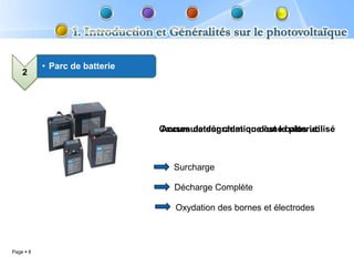 • Parc de batterie
    2




                                Causes de dégradation d’une batterie:
                                Accumulateur chimique est le plus utilisé



                                   Surcharge

                                   Décharge Complète

                                   Oxydation des bornes et électrodes



Page  8
 