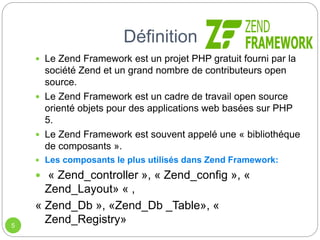 Définition
5
 Le Zend Framework est un projet PHP gratuit fourni par la
société Zend et un grand nombre de contributeurs open
source.
 Le Zend Framework est un cadre de travail open source
orienté objets pour des applications web basées sur PHP
5.
 Le Zend Framework est souvent appelé une « bibliothéque
de composants ».
 Les composants le plus utilisés dans Zend Framework:
 « Zend_controller », « Zend_config », «
Zend_Layout» « ,
« Zend_Db », «Zend_Db _Table», «
Zend_Registry»
 