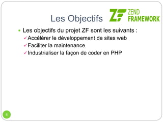 Les Objectifs
6
 Les objectifs du projet ZF sont les suivants :
Accélérer le développement de sites web
Faciliter la maintenance
Industrialiser la façon de coder en PHP
 